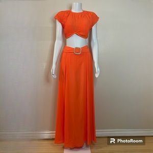 Orange cap sleeve cup outline crop top split thigh built in panty maxi skirt set